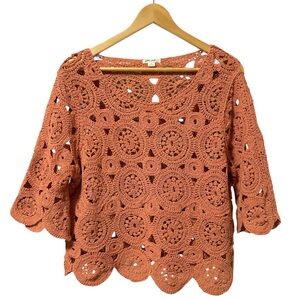 Ultra Pink Shirt Women Size XL Tan Rose Crochet Lace Embroidered Boho Cottage